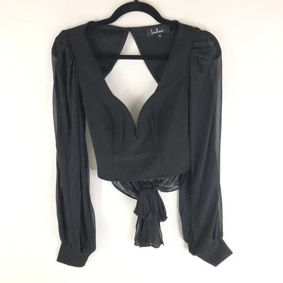 Lulus Starting the Party Black Mesh Balloon Sleeve Backless Crop Top XS - Picture 1 of 5